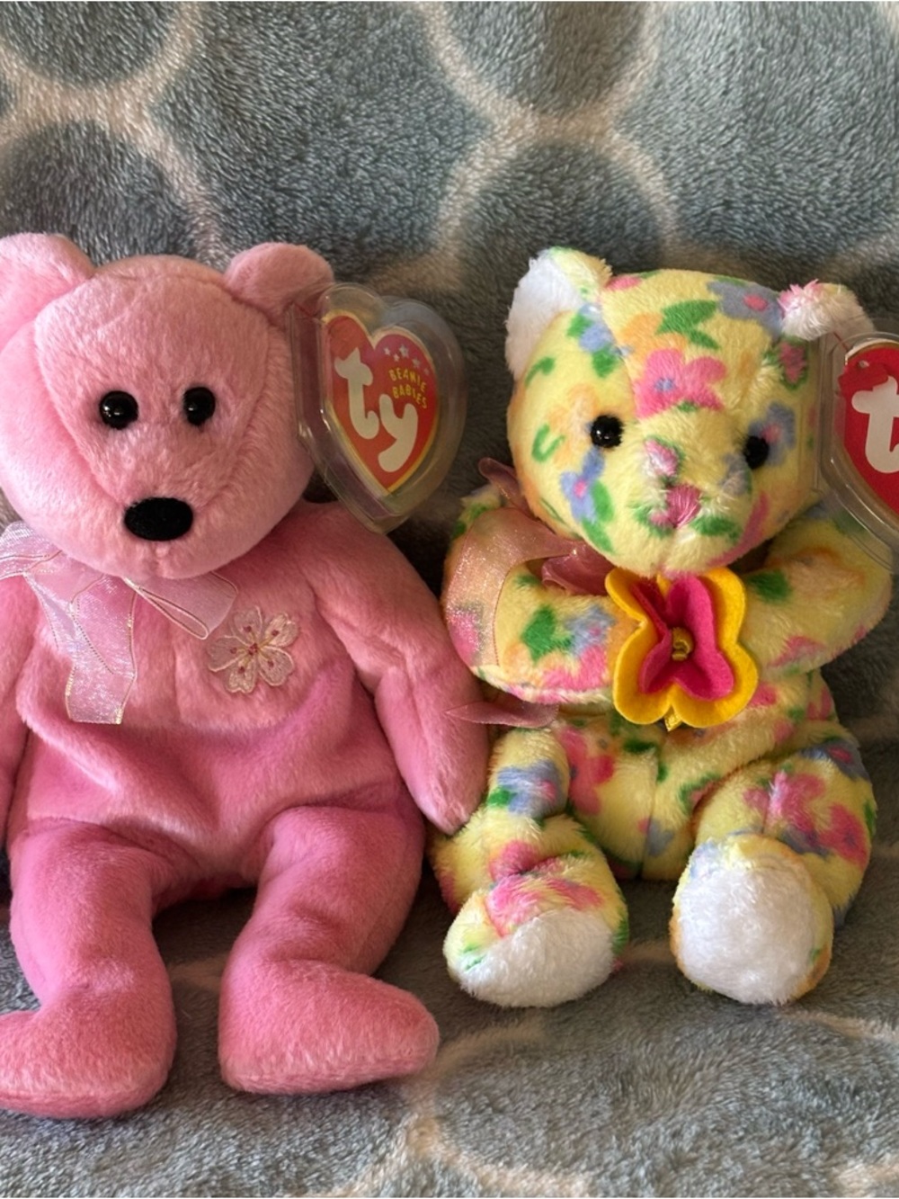 Ty Beanie Babies, featuring the floral-patterned bear named Bloom and Sakura ll